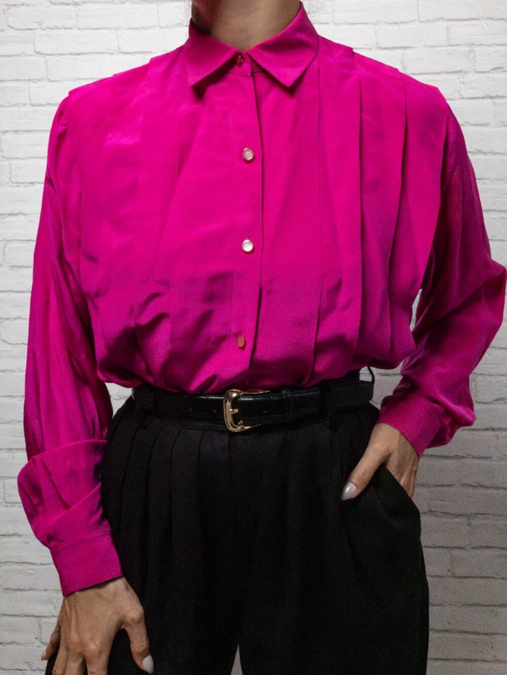Vintage 100% Silk Fuchsia Pink Blouse